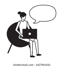 woman with laptop talking bubble vector illustration