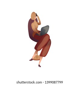 Woman with a laptop talking on the phone. Vector illustration on white background.