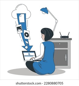 Woman in laptop uploads files, documents, illustrations, pictures from yellow folder to cloud storage. Saving information, data on Internet with download bar. Archive. Backup.