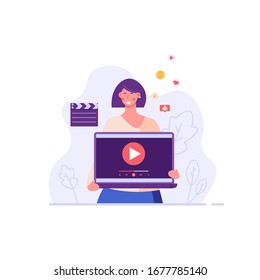 Woman with laptop using and watching streaming service with clapper. Streaming cinema concept. Concept of video marketing, online cinema. Vector illustration for UI, web banner, mobile app