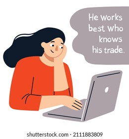 Mujer con portátil, icono vector en estilo plano