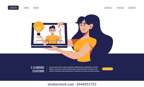 Woman with laptop watching video tutorial, webinar. Vector illustration for banner, website. Online education, e-learning, distance working, online training, online courses concept.