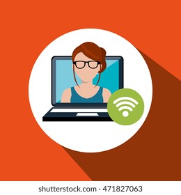 woman laptop wifi icon vector illustration design