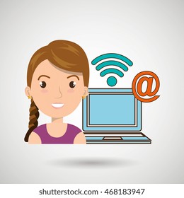 woman laptop wifi at vector illustration graphic