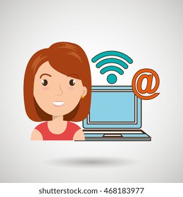 woman laptop wifi at vector illustration graphic