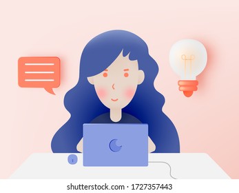 Woman with laptop for work from home  and meeting idea in paper art style with pastel color scheme background vector illustration