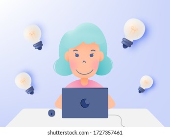 Woman with laptop for work from home  and meeting idea in paper art style with pastel color scheme background vector illustration