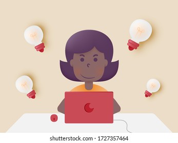 Woman with laptop for work from home  and meeting idea in paper art style with pastel color scheme background vector illustration