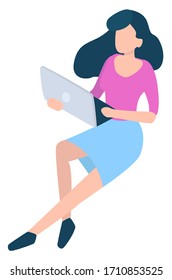 Woman with laptop at work isolated female character vector. Secretary or office worker, computer and daily routine, working day job or profession