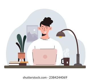 Woman with laptop at work. Young girl sitting at desk with pc. Freelancer or remote employee. Worker at home or in office. Efficient workflow organization. Cartoon flat vector illustration