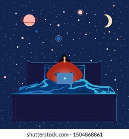 Woman with laptop, working in bed into the night starry sky and moon. Female modern character and space exploring. Flat vector illustration. Use in web project and applications.