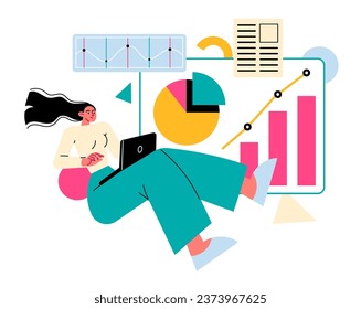 Mujer con laptop que trabaja con datos, gráficos, información