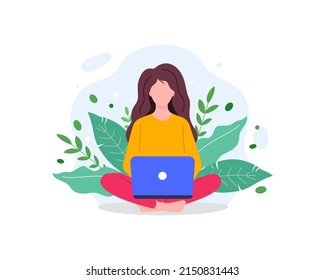 Woman with a laptop working at public park.Concept of freelance work, freelance, e-learning, online education, remote work. Vector illustration in flat style