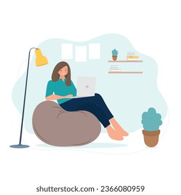 Woman with a laptop working, student or freelancer concept. Vector illustration in flat style.