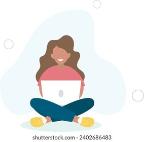 Woman with a laptop working, student or freelancer concept.flat vector illustration.
