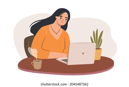 Woman With Laptop Works At Her Desk With A Cup And Plant. Empowered Business Woman Or Freelancer Working On Computer, Typing At Home Or Office. Flat Vector Illustration.