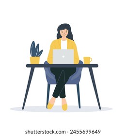 Woman with a laptop.Computer work. Freelancing, online education or social networking concept. Vector illustration isolated on white