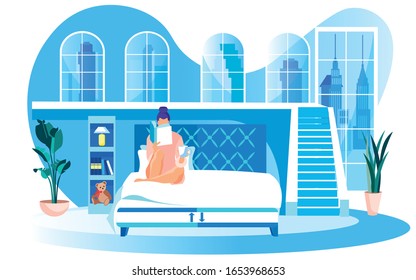 Woman in Large Bedroom with Shelving and Planters on Floor, Reading Bedside Book before Falling Asleep, Having Herbal Tea or Warm Milk in White Cup, Sitting in Bed with Comfortable Mattress.