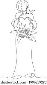 Woman with a large bouquet of flowers.One continuous line.Female character at the wedding with flowers. One continuous drawing line logo isolated minimal illustration.