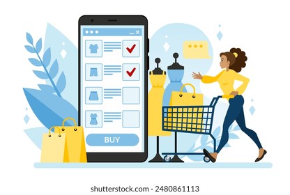 Una mujer con un Carrito Grande y bolsos corre a un teléfono Grande para hacer compras. Una aplicación de tienda de ropa en línea está en la pantalla del teléfono. Compras rentables y marketing de alta calidad. Vector plano