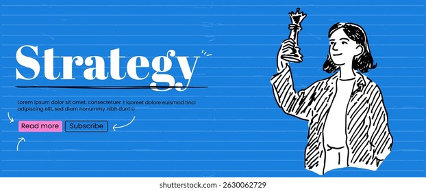 Woman large chess strategy sketch scribble banner ink quirky trendy. Leadership, tactics and teamwork