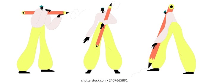 Woman with a large Pencil. Young person holding pencil. Cute funny isolated characters. Cartoon style. Hand drawn Vector illustration. Drawing, writing, creating, design, blogging concept.