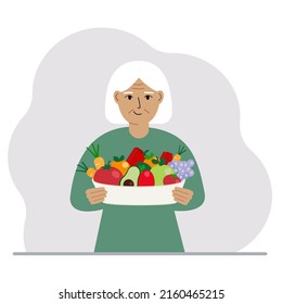 A woman with a large plate of healthy organic food - vegetables and fruits. The concept of healthy food, healthy lifestyle, vegetarianism, agriculture. Vector flat illustration