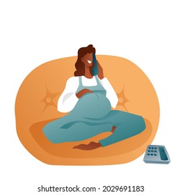 A woman in a large upholstered chair is talking on a landline phone, a pregnant character is a girl in a combat uniform on a white background. The concept of happy motherhood. Consultation by phone.
