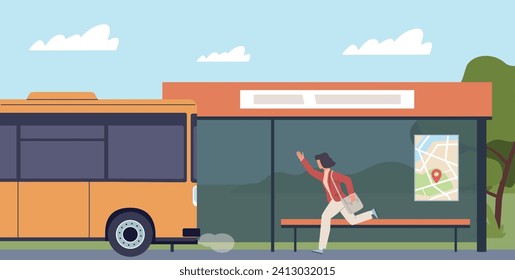 Woman is late for bus and runs after him. Girl running, public transport transportation station. Hurrying female character, passenger waving hand gesture. Cartoon flat vector concept