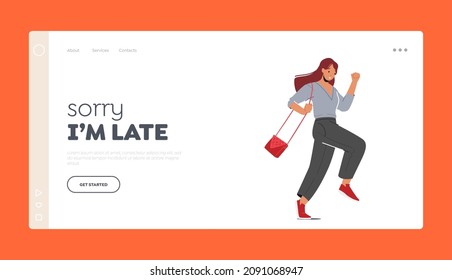 Woman Late Landing Page Template. Student, Office Worker, Businesswoman Character Hurry, Running Girl with Handbag Late at Bus, Shopping Sale, Work or University. Cartoon People Vector Illustration