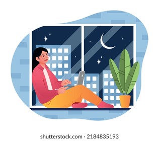 Woman late at night. Young girl with laptop sits on window and looks at city. Comfort and coziness in apartment, modern architecture. Freelancer working late. Cartoon flat vector illustration