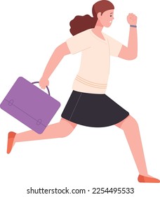 Woman late for work. Running person with business bag isolated on white background