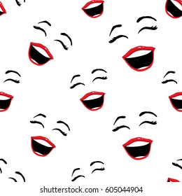 Woman laugh vector emoticons, emoji, smiley icons, characters. Fashion illustrated women's emotional faces seamless pattern.