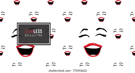 Woman laugh vector emoticons, emoji, smiley icons, characters. Fashion illustrated women's emotional faces seamless pattern.