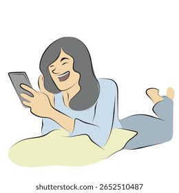 woman laughing while using smartphone illustration vector hand drawn with black lines isolated on white background.
