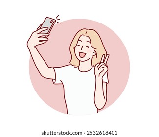 A mulher ri de tirar selfie. Ilustrações de design de vetor de estilo desenhado à mão.