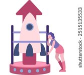 Woman launch rocket vector startup icon isolated