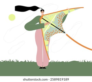 A woman launches a flying kite. The concept of freedom. Vector flat illustration.