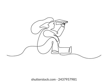 Woman launches a paper airplane. Making future concept. Continuous line drawing.