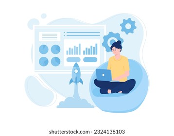 Woman launching new business innovations trending flat illustration