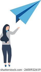 Woman launching a paper airplane, symbolizing ambition and opportunity. A stylized illustration of a woman launching a vibrant blue paper airplane against a clean white background.