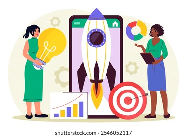 Mujer lanzando proyecto. Chicas jóvenes con la bombilla cerca del smartphone con el cohete. Socios y colegas que trabajan en un proyecto común. Comunicación y lluvia de ideas. Ilustración vectorial plana