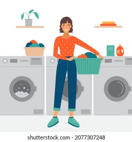 Woman in laundry conceptual illustration in flat style. Vector illustration.
