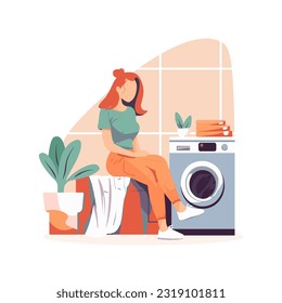 woman in the laundry. girl sitting near the washing machine. flat style. vector