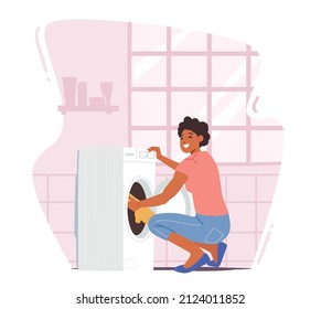 Woman in Laundry, Household Activity, Young African Female Character Loading Dirty Clothes into Washing Machine for Cleaning. Domestic Launderette, Girl Cleaning Linen. Cartoon Vector Illustration