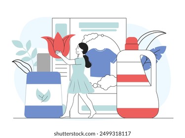 Woman with laundry items. Young girl near large washing powder and conditioner. Cleaning elements. Cleanliness and hygiene. Routine and household chores. Linear vector illustration