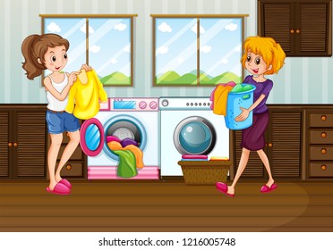 Woman laundry in the room illustration