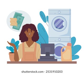 Mujer en la lavandería. Chica joven cerca de productos de limpieza y lavadora. Vendedor en lavandería. Limpieza e higiene. Tareas rutinarias y domésticas. Ilustración vectorial plana