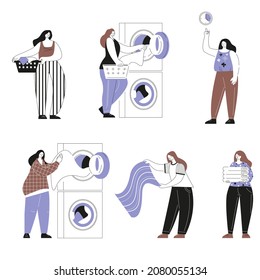 Woman in the laundry. Set of vector illustrations.