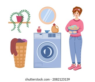 Mujer lavando la ropa. Ilustración vectorial para impresión, fondos, cubiertas, embalaje, tarjetas de felicitación, carteles, pegatinas, textiles, diseño estacional. Aislado sobre fondo blanco.